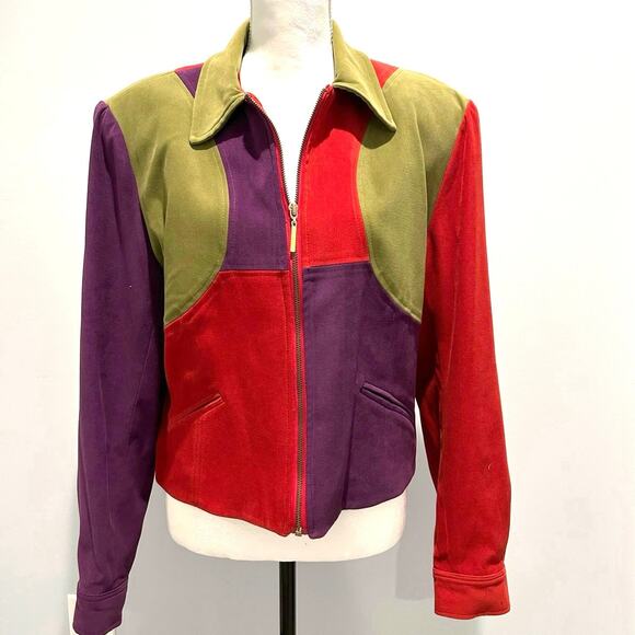Vintage 80s 90s Colorblock zip up jacket by Howard Wolf. Faux suede. Size 12 - Picture 1 of 12